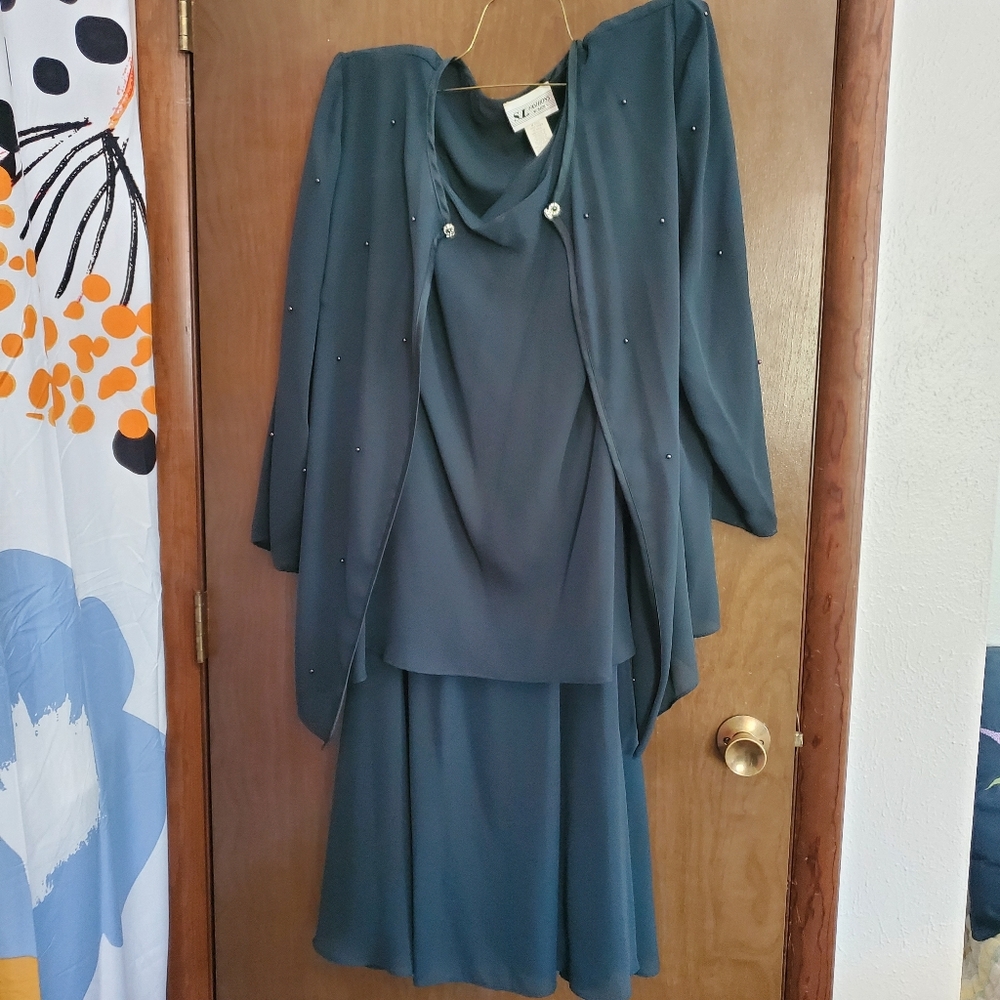 S.L. Fashions Dark Green Dress w/ Overlayer and Beaded Accents